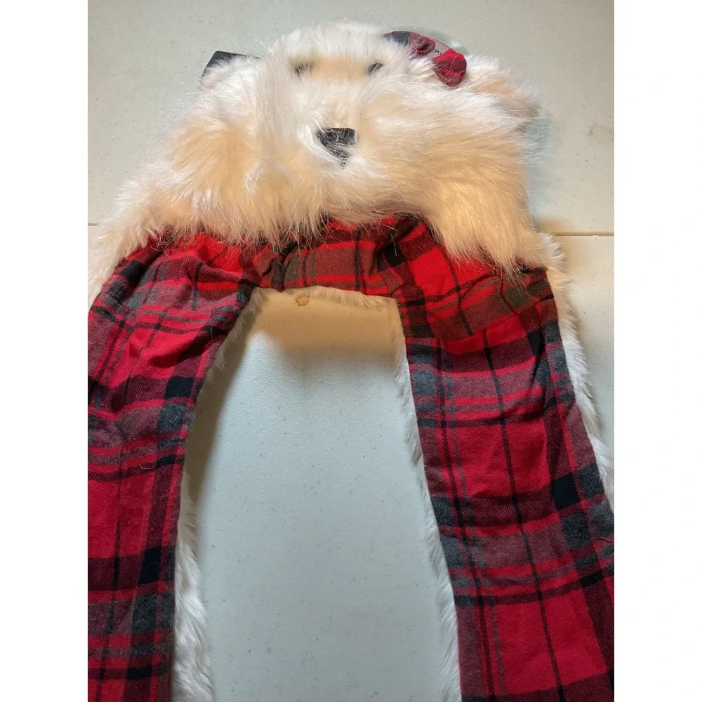 New Polar Bear Faux‎ Fur Hooded Scarf with Mittens Red Plaid Buffalo Check